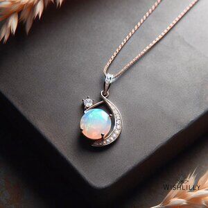 Opal Moon Necklace | Dainty Crescent Moon Necklace | Gemstone Layering Necklace